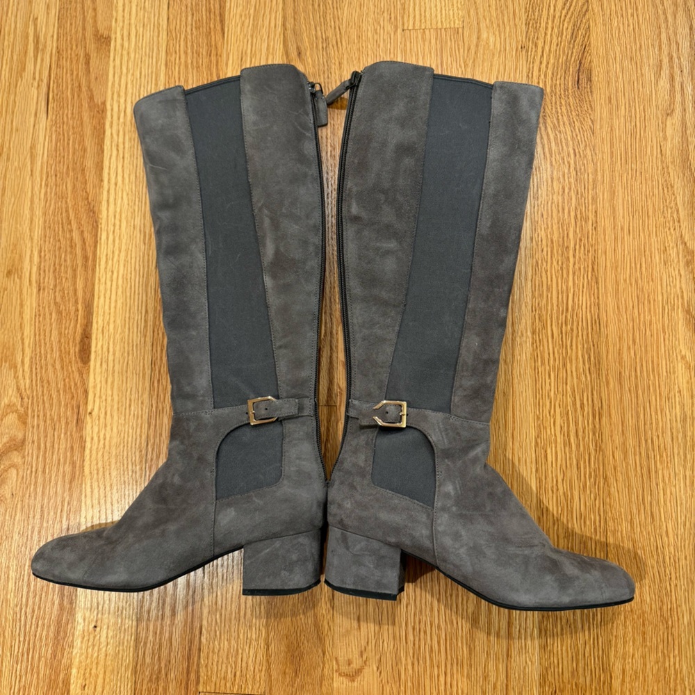 Cole Haan Avani riding boot, grey suede, size 6.5B.